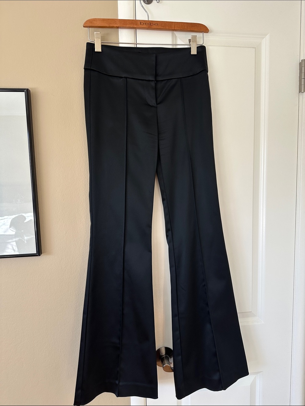 bebe Low Rise Black Flare Dress Pants with Tailored Front Seams 90s retro style